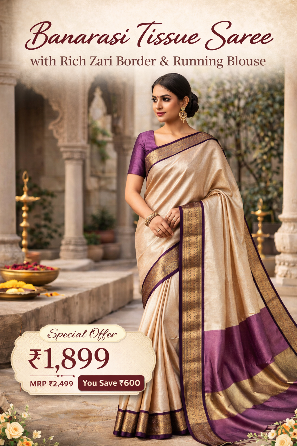 Elegant Banarasi Tissue Saree with Traditional Zari Work & Running Blouse