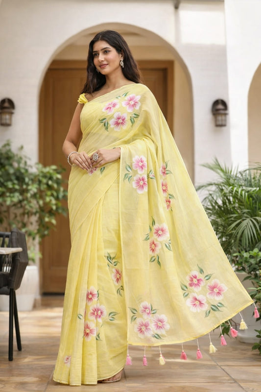 Lemon Yellow Cotton Linen Flower Printed Saree
