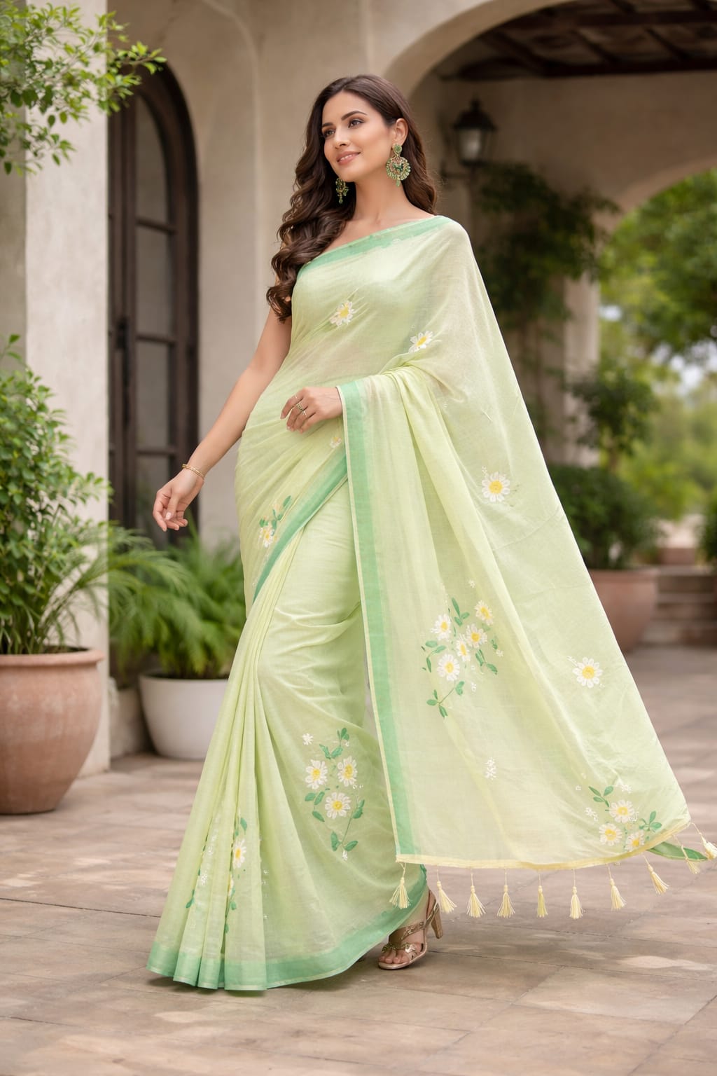 Sage Green Cotton Linen Flower Printed Saree