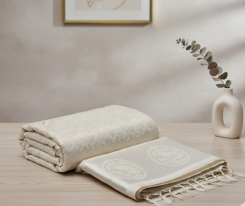 Cream Kanjeevaram Puri Silk Saree with Silver Zari Brocade