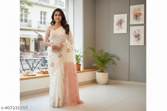 Elegant Trending Banarasi Soft Silk Saree in Off-White with Peach Motifs