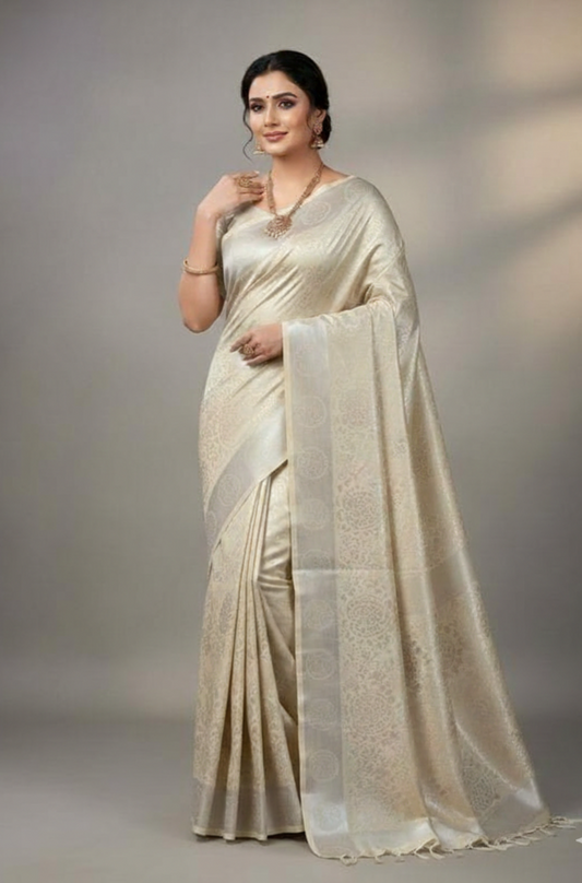 Cream Kanjeevaram Puri Silk Saree with Silver Zari Brocade