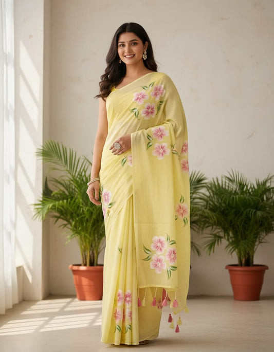 Lemon Yellow Cotton Linen Flower Printed Saree