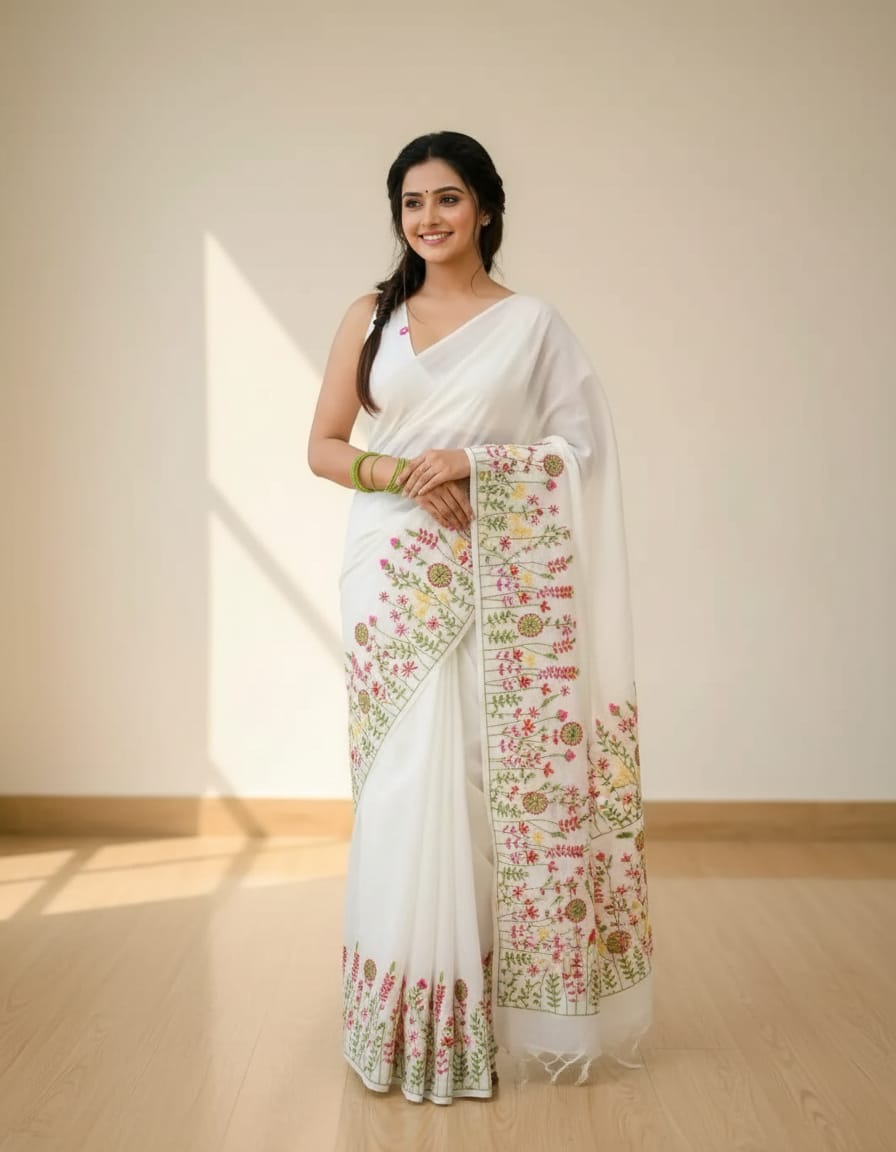 White Floral Embroidery Khadi Cotton Saree
