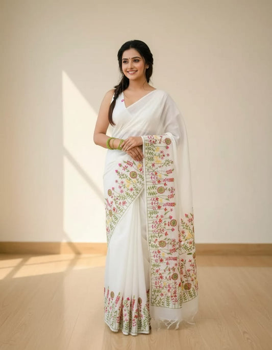 White Floral Embroidery Khadi Cotton Saree