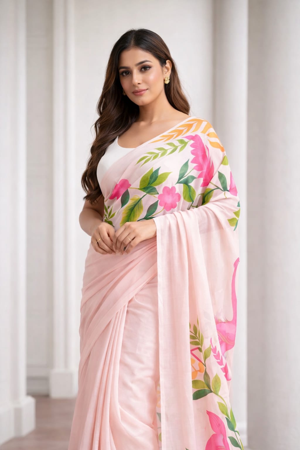 Pink Floral Printed Linen Cotton Saree