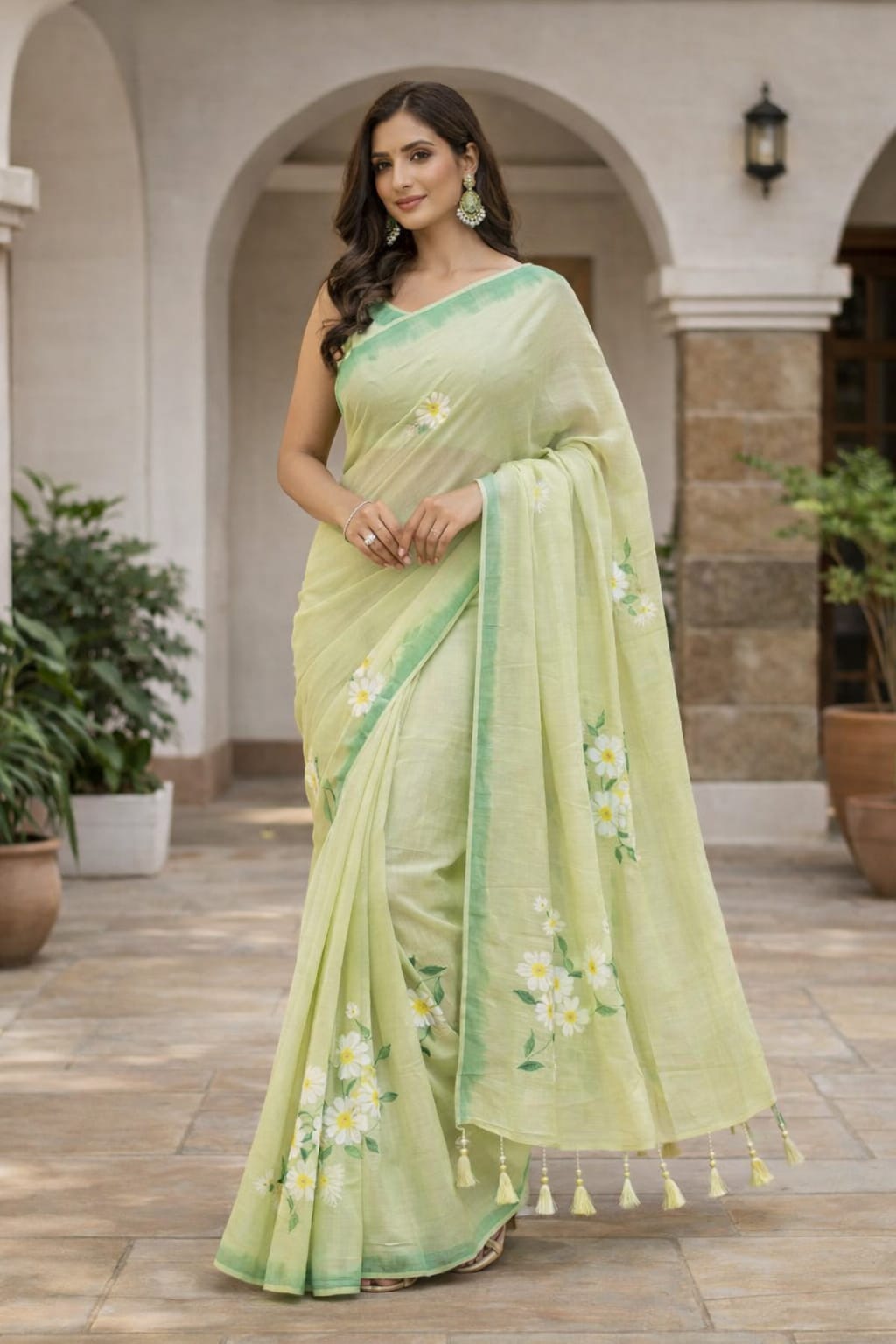 Sage Green Cotton Linen Flower Printed Saree