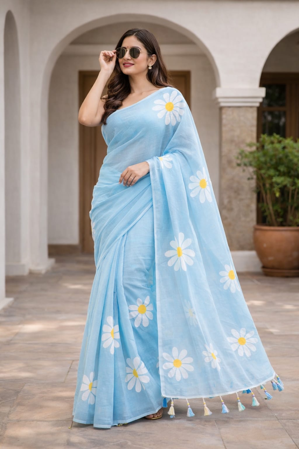 Title: Linen Cotton Floral Hand Printed Saree for Women - Perfect for Casual Outings, Festivals, and Special Occasions.