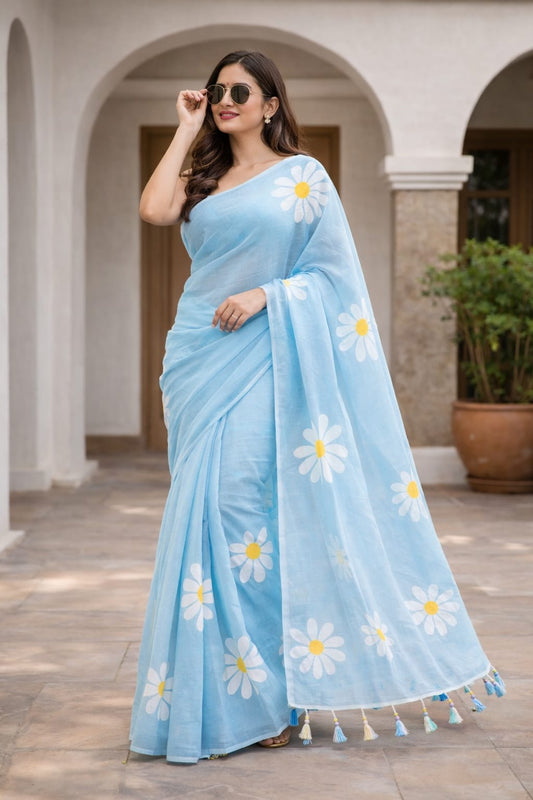 Title: Linen Cotton Floral Hand Printed Saree for Women - Perfect for Casual Outings, Festivals, and Special Occasions.