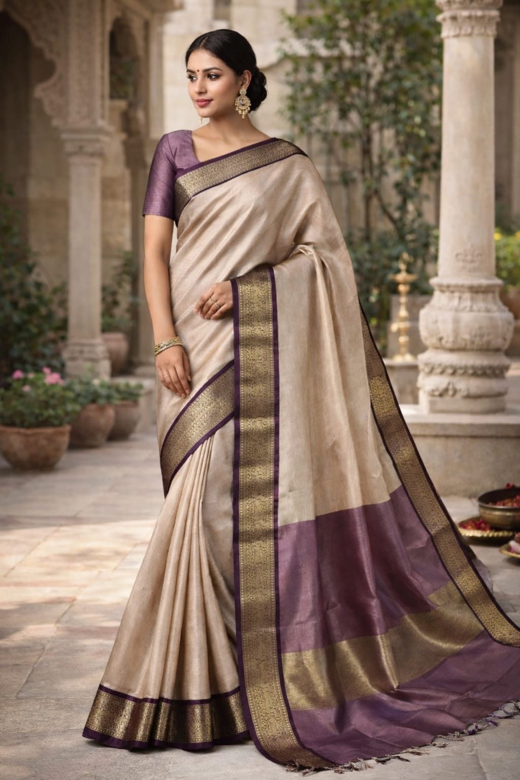 Elegant Banarasi Tissue Saree with Traditional Zari Work & Running Blouse